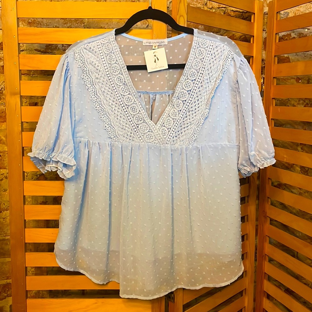 Blue Sheer Lined Top with Lace Detail